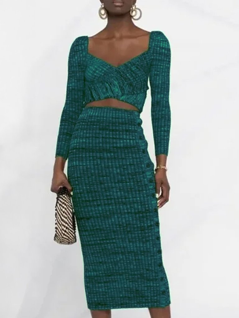 Self-Portrait Green Black Ribbed Crossover Top Midi Skirt Size M